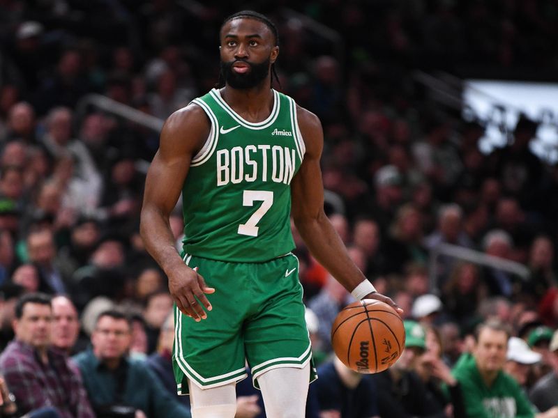 BOSTON, MASSACHUSETTS - MARCH 10: Jaylen Brown #7 of the Boston Celtics dribbles the ball during the first half against the Utah Jazz at TD Garden on March 10, 2025 in Boston, Massachusetts.  NOTE TO USER: User expressly acknowledges and agrees that, by downloading and or using this photograph, User is consenting to the terms and conditions of the Getty Images License Agreement. (Photo by China Wong/Getty Images)