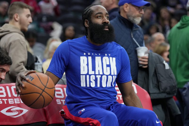 PHILADELPHIA, PA - FEBRUARY 1: James Harden #1 of the Philadelphia 76ers looks on before the game against the Orlando Magic on February 1, 2023 at the Wells Fargo Center in Philadelphia, Pennsylvania NOTE TO USER: User expressly acknowledges and agrees that, by downloading and/or using this Photograph, user is consenting to the terms and conditions of the Getty Images License Agreement. Mandatory Copyright Notice: Copyright 2023 NBAE (Photo by Jesse D. Garrabrant/NBAE via Getty Images)