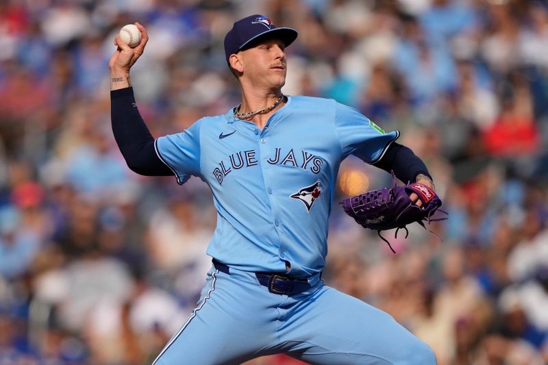 Aug 24, 2024; Toronto, Ontario, CAN; Toronto Blue Jays starting pitcher Bowden Francis (44) pitches to the Los Angeles Angels during the ninth inning at Rogers Centre. Mandatory Credit: John E. Sokolowski-USA TODAY Sports