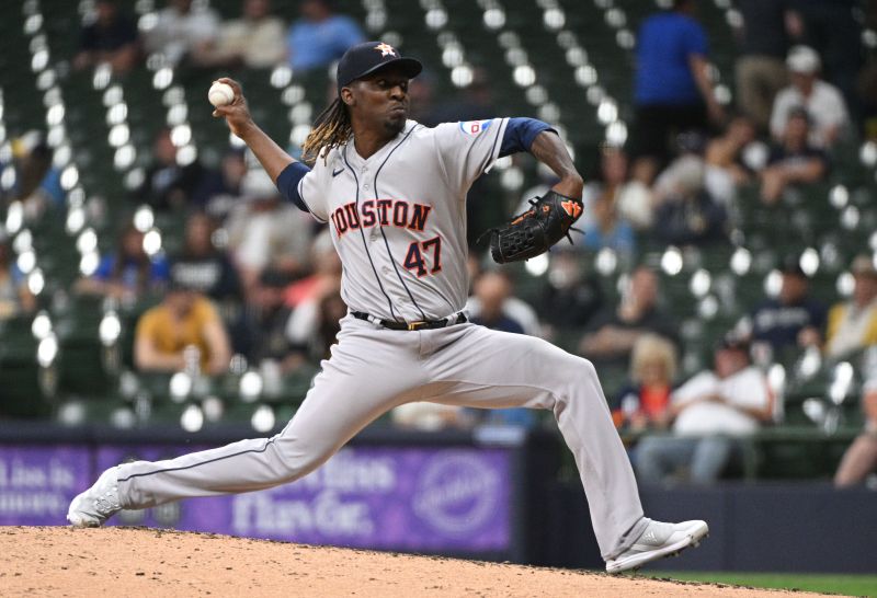 May 23, 2023; Milwaukee, Wisconsin, USA; Houston Astros relief pitcher Rafael Montero (47) delivers a pitch against the Milwaukee Brewers at American Family Field. Mandatory Credit: Michael McLoone-USA TODAY Sports