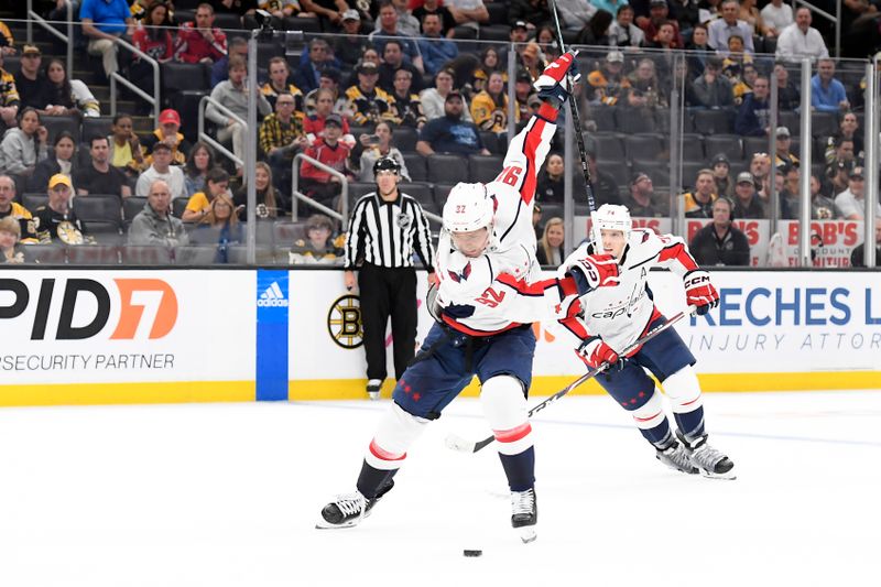 Oct 3, 2023; Boston, Massachusetts, USA; Washington Capitals center Evgeny Kuznetsov (92) gets set to shoot the puck during overtime against the Boston Bruins at TD Garden. Mandatory Credit: Bob DeChiara-USA TODAY Sports