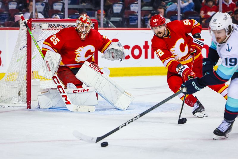 Mar 4, 2024; Calgary, Alberta, CAN; Calgary Flames goaltender Jacob Markstrom (25) guards his net against the Seattle Kraken during the third period at Scotiabank Saddledome. Mandatory Credit: Sergei Belski-USA TODAY Sports