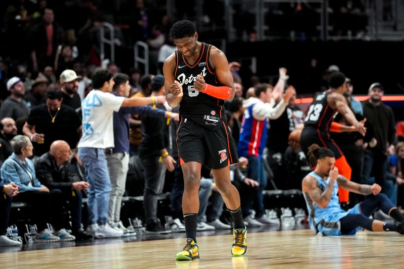 DETROIT, MICHIGAN - APRIL 01: Chimezie Metu #5 of the Detroit Pistons reacts after missing a shot after the game during the fourth quarter at Little Caesars Arena on April 01, 2024 in Detroit, Michigan. NOTE TO USER: User expressly acknowledges and agrees that, by downloading and or using this photograph, User is consenting to the terms and conditions of the Getty Images License Agreement. (Photo by Nic Antaya/Getty Images)