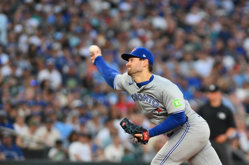 Jul 5, 2024; Seattle, Washington, USA; Toronto Blue Jays relief pitcher Zach Pop (56) pitches to the Seattle Mariners during the eighth inning at T-Mobile Park. Mandatory Credit: Steven Bisig-USA TODAY Sports