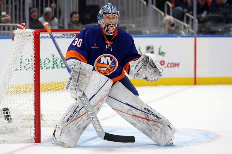 Nov 30, 2024; Elmont, New York, USA; New York Islanders goaltender Ilya Sorokin (30) tends net against the Buffalo Sabres during the first period at UBS Arena. Mandatory Credit: Brad Penner-Imagn Images