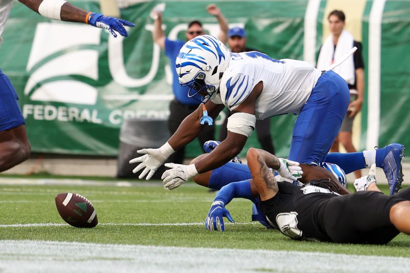 Oct 12, 2024; Orlando, Florida, USA; Memphis Tigers linebacker Chandler Martin (11) recovers a fumble in the end zone for a touchdown against the South Florida Bulls in the fourth quarter at Camping World Stadium. Mandatory Credit: Nathan Ray Seebeck-Imagn Images