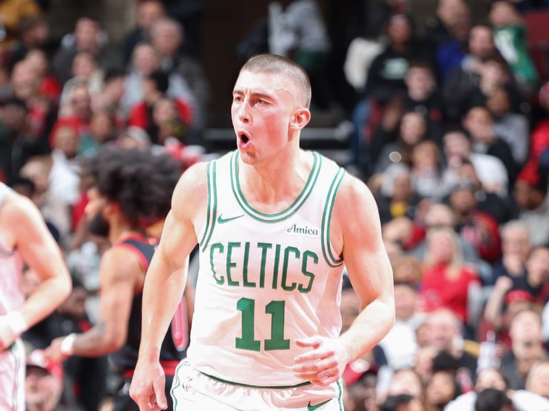 CHICAGO, IL - NOVEMBER 29: Payton Pritchard #11 of the Boston Celtics celebrates during the game against the Chicago Bulls during the Emirates NBA Cup game on November 29, 2024 at United Center in Chicago, Illinois. NOTE TO USER: User expressly acknowledges and agrees that, by downloading and or using this photograph, User is consenting to the terms and conditions of the Getty Images License Agreement. Mandatory Copyright Notice: Copyright 2024 NBAE (Photo by Jeff Haynes/NBAE via Getty Images)
