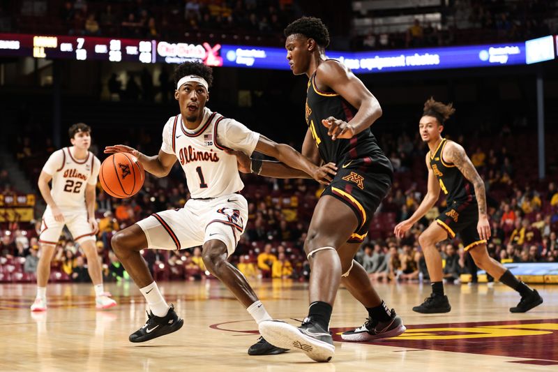 Jan 16, 2023; Minneapolis, Minnesota, USA; Illinois Fighting Illini guard Sencire Harris (1) dribbles while Minnesota Golden Gophers forward Pharrel Payne (21) defends during the second half at Williams Arena. Mandatory Credit: Matt Krohn-USA TODAY Sports