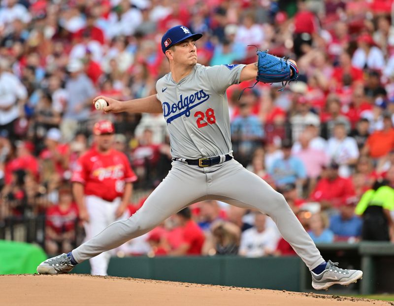 Aug 17, 2024; St. Louis, Missouri, USA; Los Angeles Dodgers pitcher Bobby Miller throws against the St. Louis Cardinals in the first inning at Busch Stadium. Mandatory Credit: Tim Vizer-USA TODAY Sports
