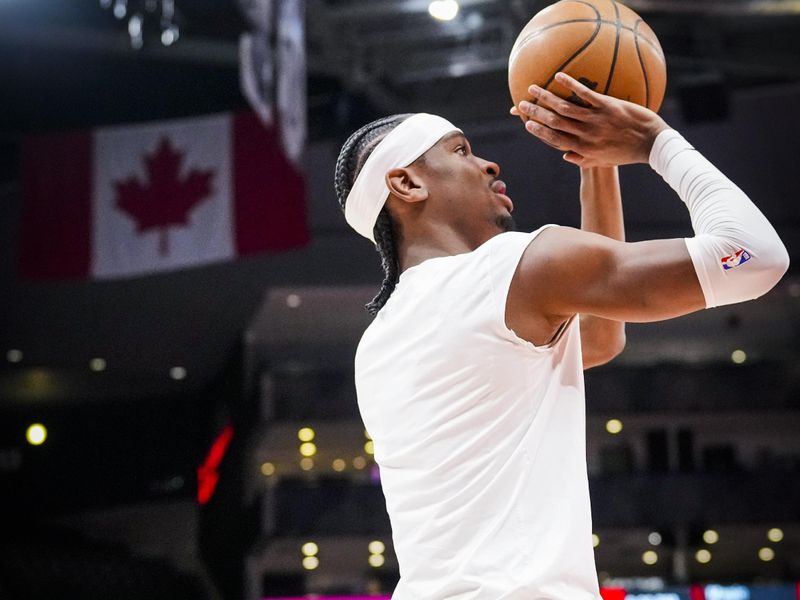 TORONTO, ON - MARCH 16: Shai Gilgeous-Alexander #2 of the Oklahoma City Thunder warms up prior to the game against the Toronto Raptors at the Scotiabank Arena on March 16, 2023 in Toronto, Ontario, Canada. NOTE TO USER: User expressly acknowledges and agrees that, by downloading and/or using this Photograph, user is consenting to the terms and conditions of the Getty Images License Agreement. (Photo by Mark Blinch/Getty Images)