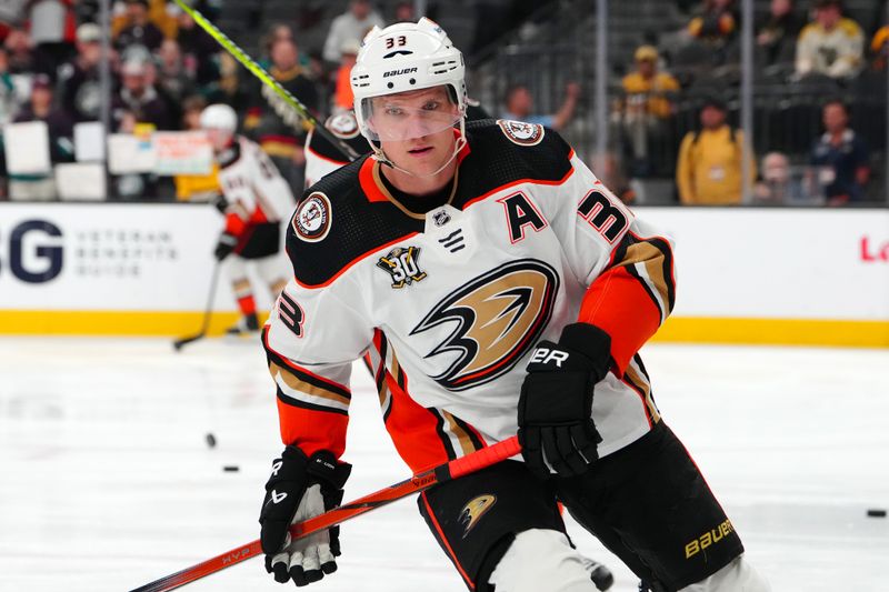 Apr 18, 2024; Las Vegas, Nevada, USA; Anaheim Ducks right wing Jakob Silfverberg (33) warms up before the start of a game against the Vegas Golden Knights at T-Mobile Arena. Mandatory Credit: Stephen R. Sylvanie-USA TODAY Sports