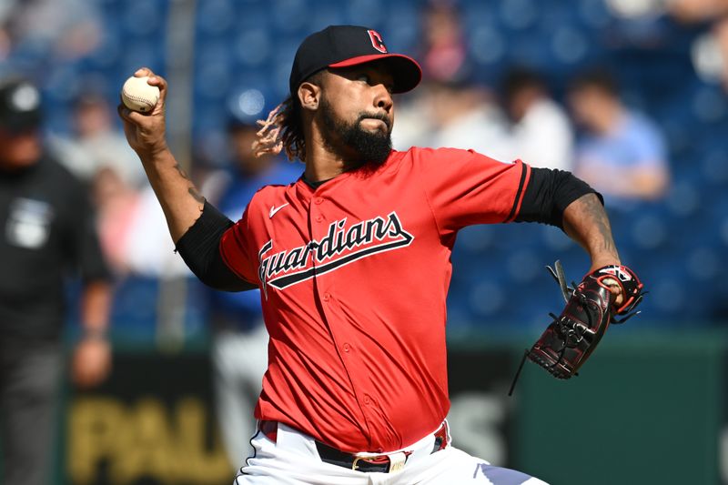 Aug 28, 2024; Cleveland, Ohio, USA; Cleveland Guardians relief pitcher Emmanuel Clase (48) throws a pitch during the ninth inning against the Kansas City Royals at Progressive Field. Mandatory Credit: Ken Blaze-USA TODAY Sports