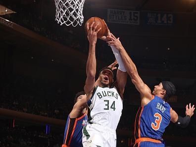 NEW YORK, NY - DECEMBER 23:  Giannis Antetokounmpo #34 of the Milwaukee Bucks goes to the basket during the game on December 23, 2023 at Madison Square Garden in New York City, New York.  NOTE TO USER: User expressly acknowledges and agrees that, by downloading and or using this photograph, User is consenting to the terms and conditions of the Getty Images License Agreement. Mandatory Copyright Notice: Copyright 2023 NBAE  (Photo by Nathaniel S. Butler/NBAE via Getty Images)