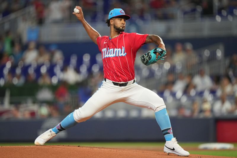 Aug 10, 2024; Miami, Florida, USA;  Miami Marlins starting pitcher Roddery Muñoz (71) pitches against the San Diego Padres in the first inning at loanDepot Park. Mandatory Credit: Jim Rassol-USA TODAY Sports