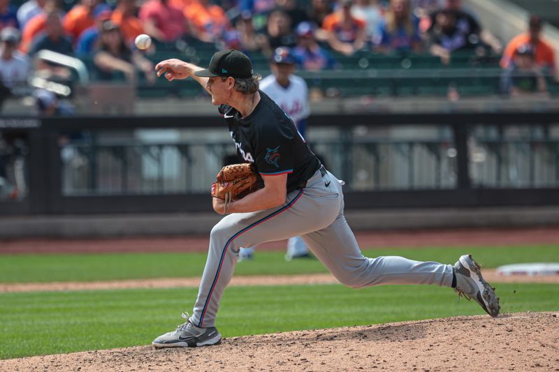 Aug 18, 2024; New York City, New York, USA; Miami Marlins relief pitcher Declan Cronin (51) delivers a pitch during the eighth inning against the New York Mets at Citi Field. Mandatory Credit: Vincent Carchietta-USA TODAY Sports