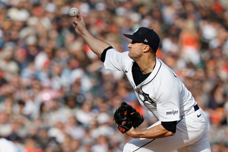 May 10, 2025; Detroit, Michigan, USA;  Detroit Tigers starting pitcher Jack Flaherty (9) pitches in the first inning against the Texas Rangers at Comerica Park. Mandatory Credit: Rick Osentoski-Imagn Images