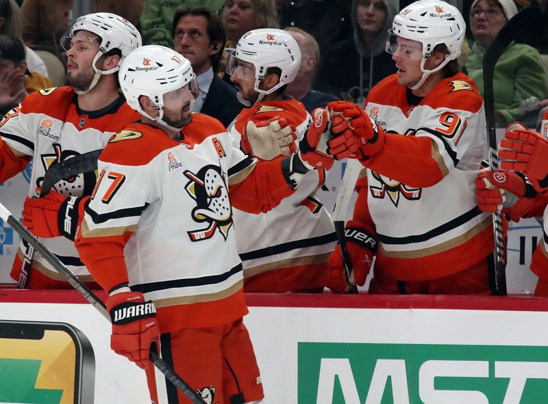 Oct 31, 2024; Pittsburgh, Pennsylvania, USA;  Anaheim Ducks left wing Alex Killorn (17) celebrates with the bench after scoring a goal against the Pittsburgh Penguins during the first period at PPG Paints Arena. Mandatory Credit: Charles LeClaire-Imagn Images