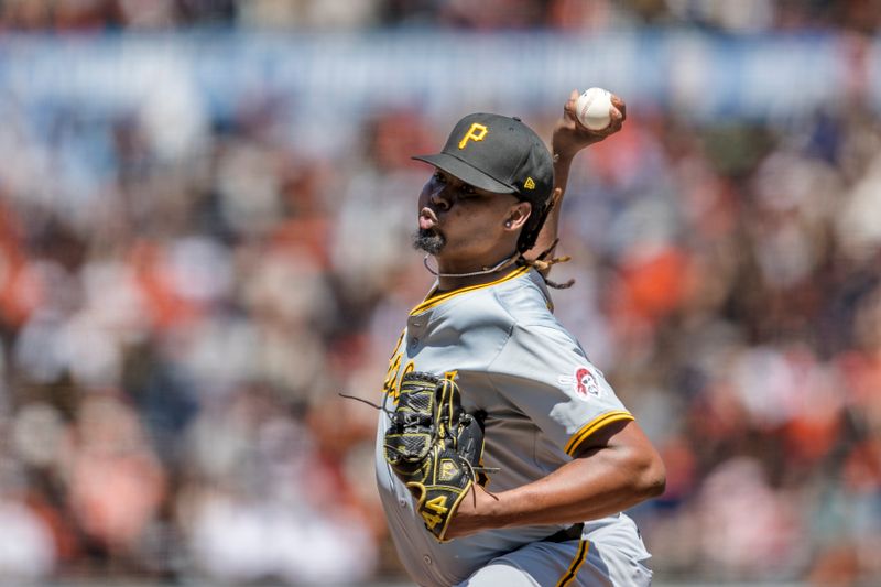 Apr 28, 2024; San Francisco, California, USA;  Pittsburgh Pirates relief pitcher Luis L. Ortiz (48) throws against the San Francisco Giants during the sixth inning at Oracle Park. Mandatory Credit: John Hefti-USA TODAY Sports