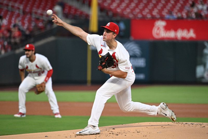 Sep 16, 2025; St. Louis, Missouri, USA; St. Louis Cardinals starting pitcher Michael McGreevy (36) pitches against the Cincinnati Reds in the first inning at Busch Stadium. Mandatory Credit: Joe Puetz-Imagn Images