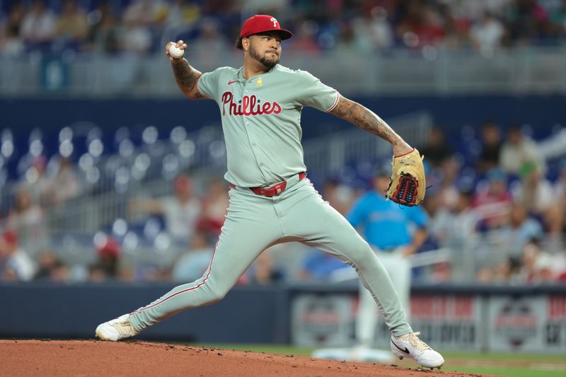 Sep 7, 2025; Miami, Florida, USA; Philadelphia Phillies starting pitcher Taijuan Walker (99) delivers a pitch against the Miami Marlins during the first inning at loanDepot Park. Mandatory Credit: Sam Navarro-Imagn Images