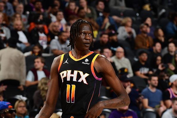 PHOENIX, AZ - DECEMBER 15: Bol Bol #11 of the Phoenix Suns looks on during the game against the New York Knicks on December 15, 2023 at Footprint Center in Phoenix, Arizona. NOTE TO USER: User expressly acknowledges and agrees that, by downloading and or using this photograph, user is consenting to the terms and conditions of the Getty Images License Agreement. Mandatory Copyright Notice: Copyright 2023 NBAE (Photo by Kate Frese/NBAE via Getty Images)