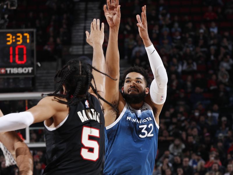 PORTLAND, OR - FEBRUARY 15: Karl-Anthony Towns #32 of the Minnesota Timberwolves shoots the ball during the game against the Portland Trail Blazers on February 15, 2024 at the Moda Center Arena in Portland, Oregon. NOTE TO USER: User expressly acknowledges and agrees that, by downloading and or using this photograph, user is consenting to the terms and conditions of the Getty Images License Agreement. Mandatory Copyright Notice: Copyright 2024 NBAE (Photo by Cameron Browne/NBAE via Getty Images)