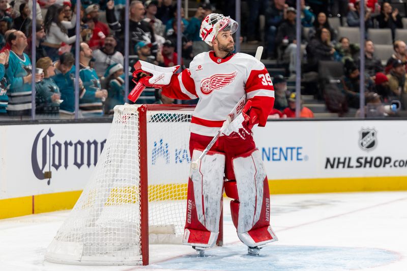 Nov 18, 2024; San Jose, California, USA; Detroit Red Wings goaltender Cam Talbot (39) is frustrated during the second period against the San Jose Sharks at SAP Center at San Jose. Mandatory Credit: Bob Kupbens-Imagn Images