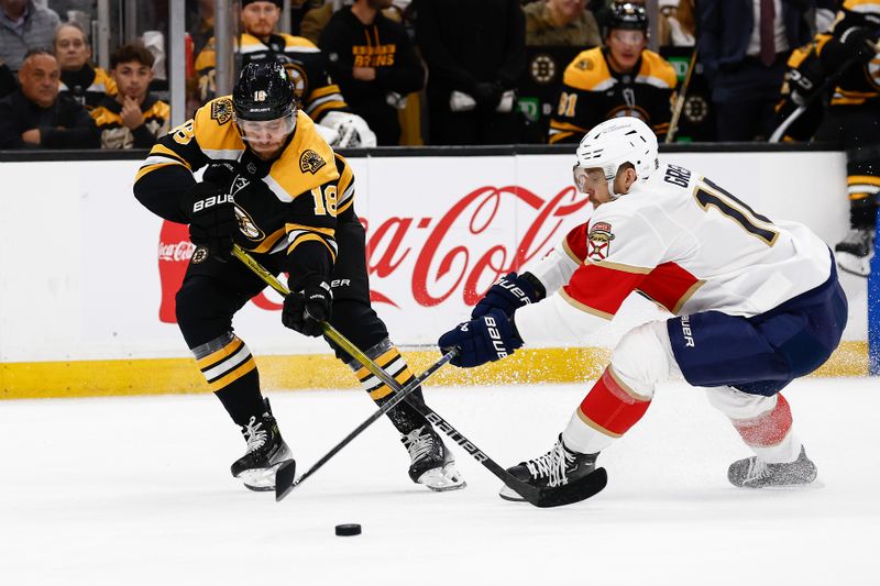 Oct 14, 2024; Boston, Massachusetts, USA; Boston Bruins center Pavel Zacha (18) and Florida Panthers left wing A.J. Greer (10) battle for the puck during the first period at TD Garden. Mandatory Credit: Winslow Townson-Imagn Images