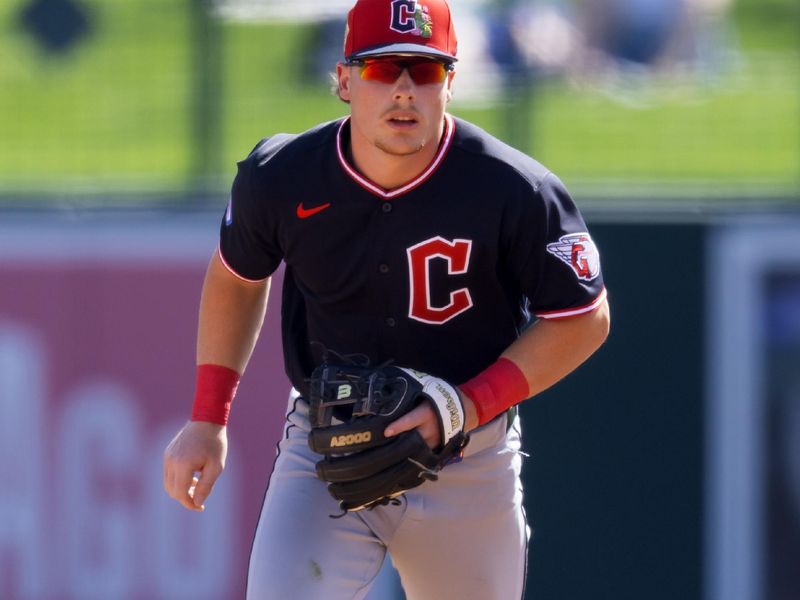 Feb 24, 2026; Phoenix, Arizona, USA; Cleveland Guardians second baseman Travis Bazzana against the Los Angeles Dodgers during a spring training game at Camelback Ranch-Glendale. Mandatory Credit: Mark J. Rebilas-Imagn Images