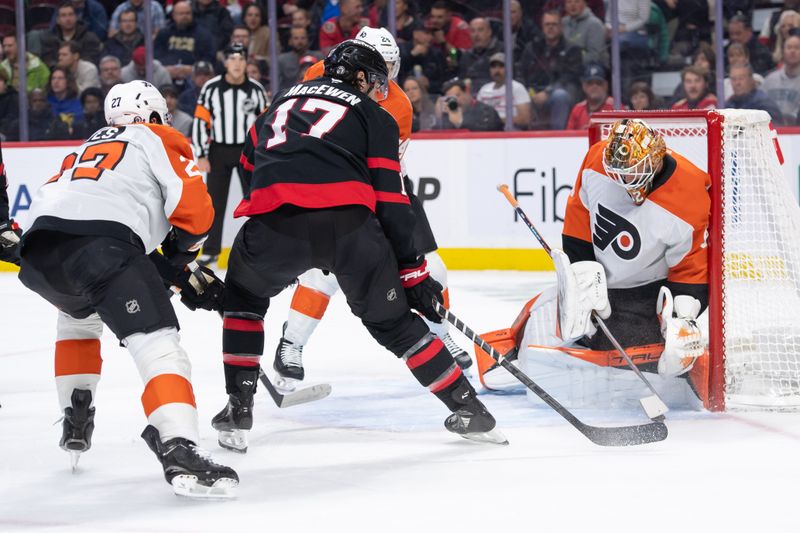 Nov 14, 2024; Ottawa, Ontario, CAN; Philadelphia Flyers goalie Ivan Fedotov (82) makes a save on a shot from Ottawa Senators right wing Zack MacEwen (17) in the first period at the Canadian Tire Centre. Mandatory Credit: Marc DesRosiers-Imagn Images