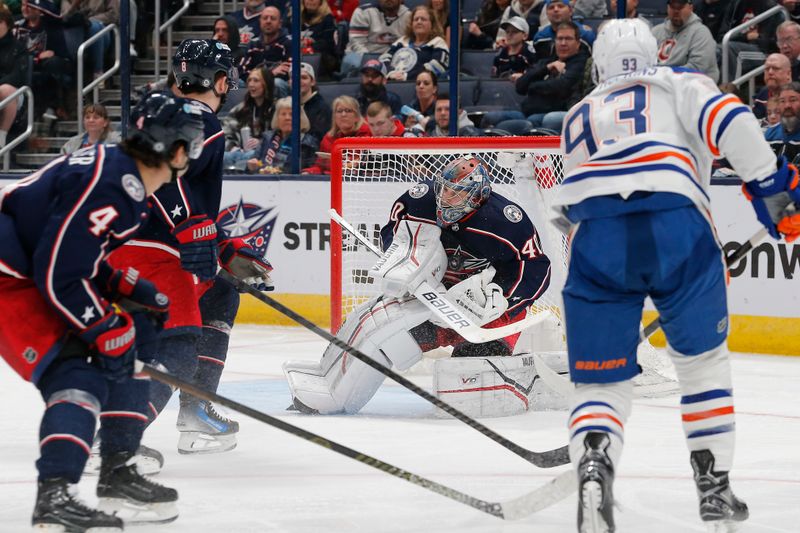 Mar 7, 2024; Columbus, Ohio, USA; Columbus Blue Jackets goalie Daniil Tarasov (40) makes a save against the Edmonton Oilers during the second period at Nationwide Arena. Mandatory Credit: Russell LaBounty-USA TODAY Sports