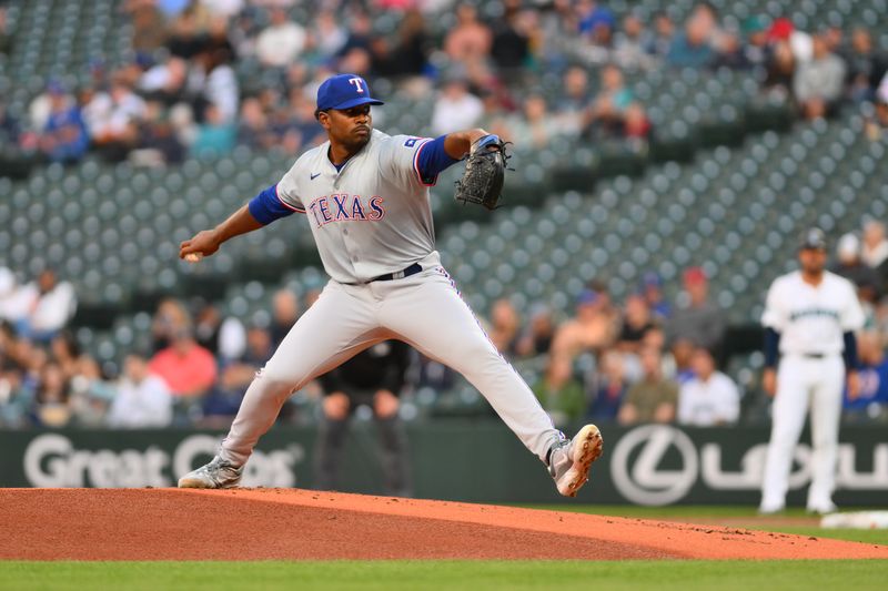 Sep 12, 2024; Seattle, Washington, USA; Texas Rangers starting pitcher Kumar Rocker (80) pitches to the Seattle Mariners during the first inning at T-Mobile Park. Mandatory Credit: Steven Bisig-Imagn Images