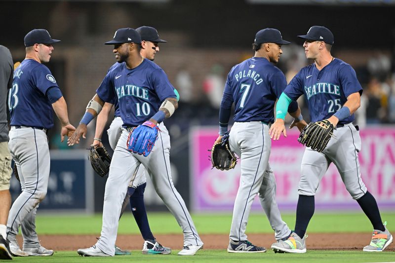 Jun 9, 2024; San Diego, California, USA; Seattle Mariners players celebrate after the Mariners beat the San Diego Padres at Petco Park. Mandatory Credit: Denis Poroy-USA TODAY Sports at Petco Park. 