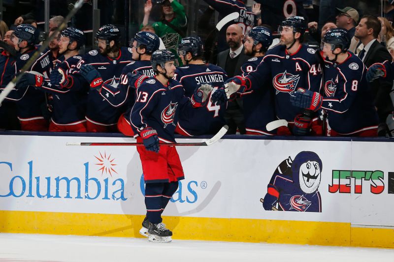 Mar 16, 2024; Columbus, Ohio, USA; Columbus Blue Jackets left wing Johnny Gaudreau (13) celebrates his goal against the San Jose Sharks during the second period at Nationwide Arena. Mandatory Credit: Russell LaBounty-USA TODAY Sports