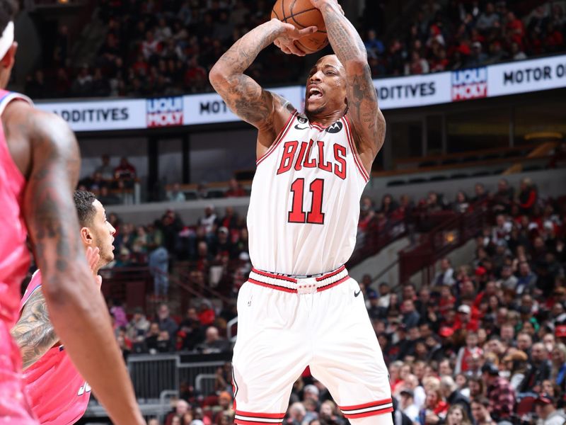 CHICAGO, IL - FEBRUARY 26: DeMar DeRozan #11 of the Chicago Bulls shoots the ball during the game against the Washington Wizards on February 26, 2023 at United Center in Chicago, Illinois. NOTE TO USER: User expressly acknowledges and agrees that, by downloading and or using this photograph, User is consenting to the terms and conditions of the Getty Images License Agreement. Mandatory Copyright Notice: Copyright 2023 NBAE (Photo by Jeff Haynes/NBAE via Getty Images)