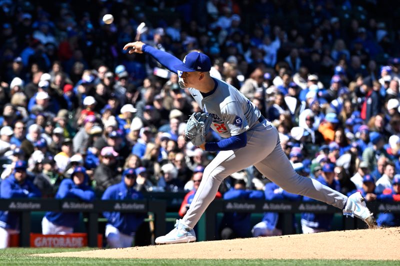 Apr 5, 2024; Chicago, Illinois, USA;  Los Angeles Dodgers starting pitcher Bobby Miller (28) delivers against the Chicago Cubs during the first inning at Wrigley Field. Mandatory Credit: Matt Marton-USA TODAY Sports