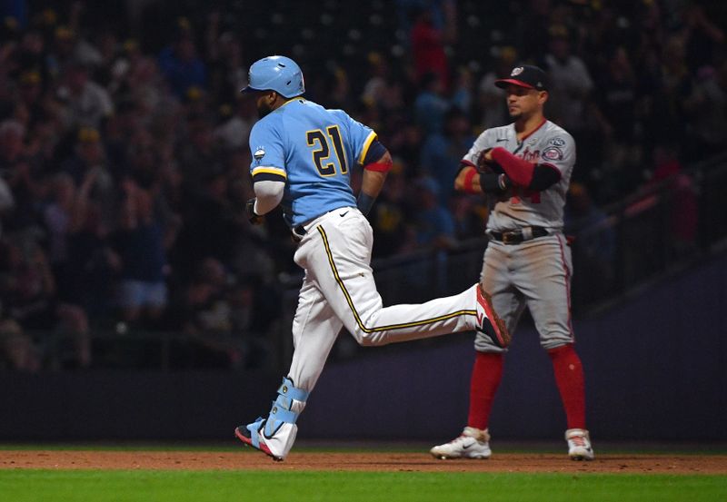 Sep 15, 2023; Milwaukee, Wisconsin, USA; Milwaukee Brewers first baseman Carlos Santana (41) rounds the bases after hitting a home run against the Washington Nationals in the fifth inning at American Family Field. Mandatory Credit: Michael McLoone-USA TODAY Sports