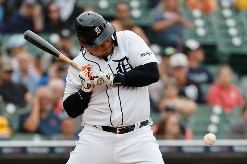 Jun 11, 2023; Detroit, Michigan, USA; Detroit Tigers designated hitter Miguel Cabrera (24) reacts to an inside pitch in the fifth inning against the Arizona Diamondbacks at Comerica Park. Mandatory Credit: Rick Osentoski-USA TODAY Sports