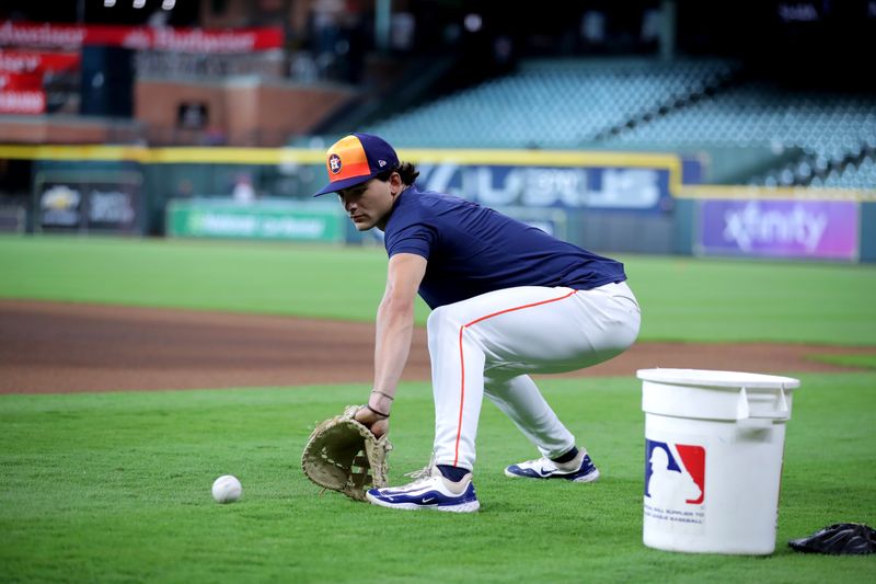 Apr 30, 2024; Houston, Texas, USA; Houston Astros first baseman Joey Loperfido (10) works out prior to the game against the Cleveland Guardians at Minute Maid Park. Mandatory Credit: Erik Williams-USA TODAY Sports