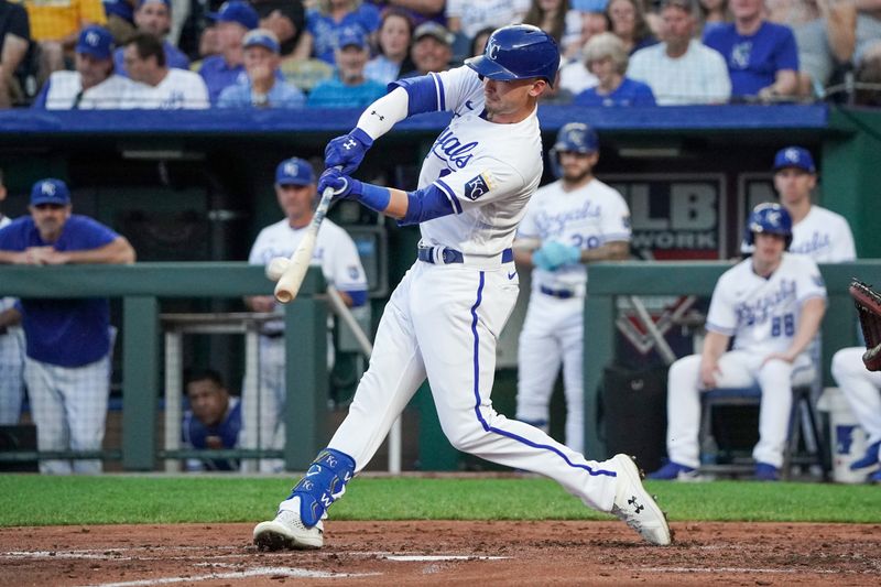 Aug 16, 2023; Kansas City, Missouri, USA; Kansas City Royals center fielder Drew Waters (6) hits a triple against the Seattle Mariners in the second inning at Kauffman Stadium. Mandatory Credit: Denny Medley-USA TODAY Sports