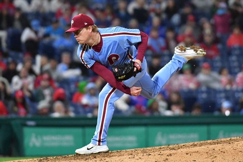 Apr 11, 2024; Philadelphia, Pennsylvania, USA; Philadelphia Phillies pitcher Nick Nelson (57) throws a pitch during the ninth inning against the Pittsburgh Pirates during the ninth inning at Citizens Bank Park. Mandatory Credit: Eric Hartline-USA TODAY Sports