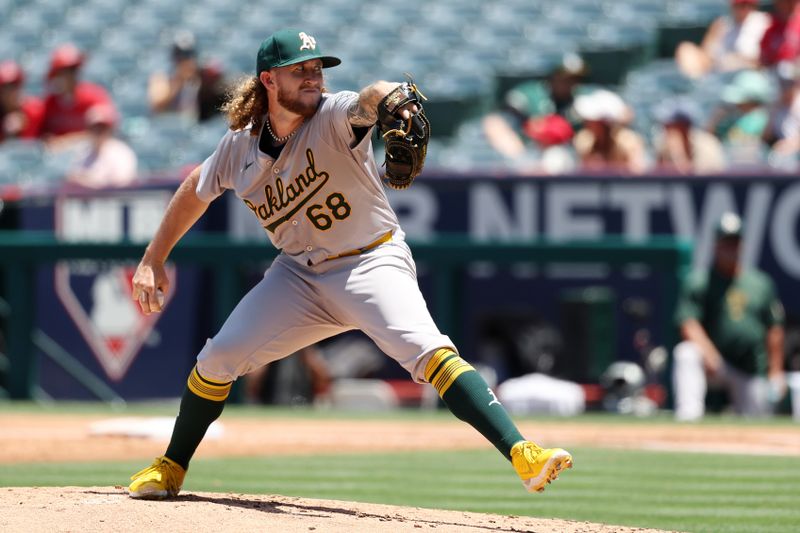 Jun 26, 2024; Anaheim, California, USA;  Oakland Athletics starting pitcher Joey Estes (68) throws against the Los Angeles Angels during the first inning at Angel Stadium. Mandatory Credit: Kiyoshi Mio-USA TODAY Sports