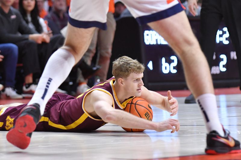Jan 17, 2026; Champaign, Illinois, USA; Minnesota Golden Gophers guard Cade Tyson (10) grabs a loose ball on the court during the second half against the Illinois Fighting Illini at State Farm Center. Mandatory Credit: Ron Johnson-Imagn Images