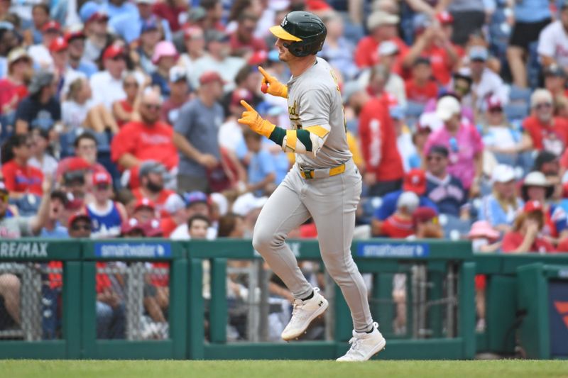 Jul 14, 2024; Philadelphia, Pennsylvania, USA; Oakland Athletics outfielder Brent Rooker (25) runs the bases after hitting a two-run home run against Philadelphia Phillies during the sixth inning at Citizens Bank Park. Mandatory Credit: Eric Hartline-USA TODAY Sports