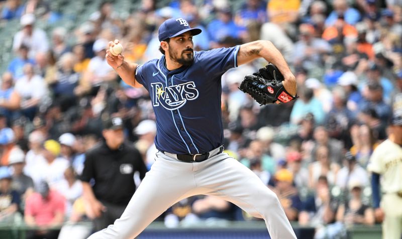 May 1, 2024; Milwaukee, Wisconsin, USA; Tampa Bay Rays starting pitcher Zach Eflin (24) delivers a pitch against the Milwaukee Brewers in the sixth inning at American Family Field. Mandatory Credit: Michael McLoone-USA TODAY Sports