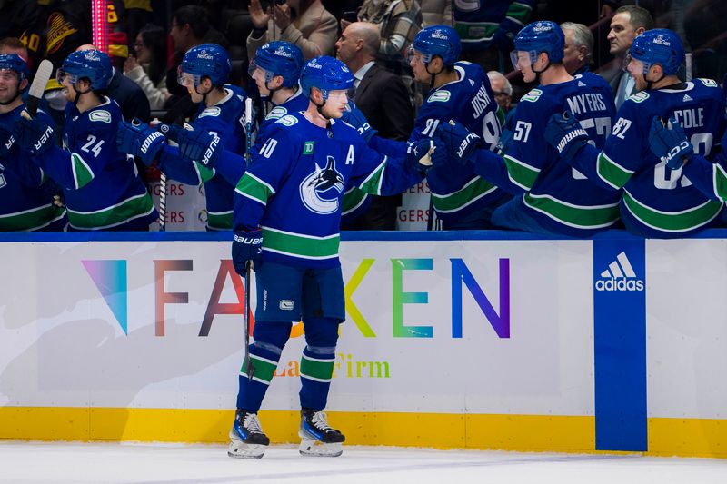 Jan 18, 2024; Vancouver, British Columbia, CAN; Vancouver Canucks forward Elias Pettersson (40) celebrates his goal against the Arizona Coyotes in the first period at Rogers Arena. Mandatory Credit: Bob Frid-USA TODAY Sports