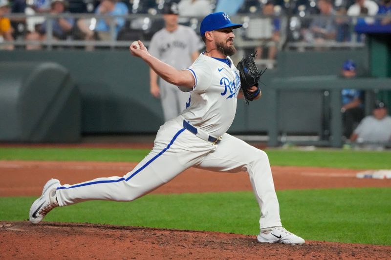 Jun 12, 2024; Kansas City, Missouri, USA; Kansas City Royals relief pitcher John Schreiber (46) delivers a pitch against the New York Yankees in the ninth inning at Kauffman Stadium. Mandatory Credit: Denny Medley-USA TODAY Sports