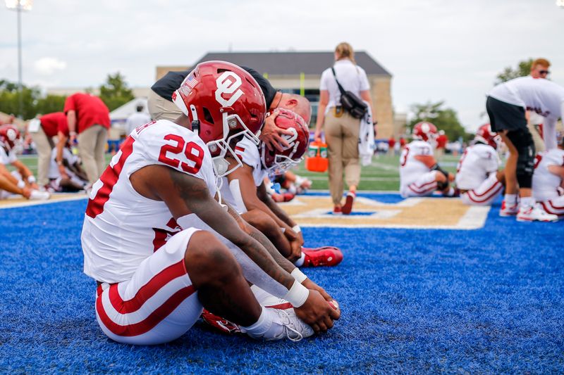 Sep 16, 2023; Tulsa, Oklahoma, USA; Oklahoma s Tawee Walker (29) stretches out before a game between the Oklahoma Sooners and Tulsa Golden Hurricane at Skelly Field at H.A. Chapman Stadium. Mandatory Credit: Nathan J. Fish-USA TODAY Sports