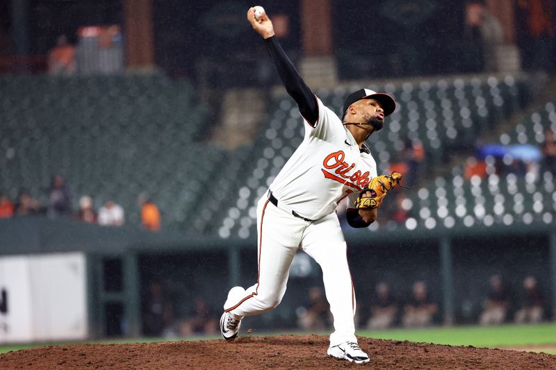 Sep 23, 2025; Baltimore, Maryland, USA; Baltimore Orioles pitcher Yaramil Hiraldo (76) throws during the ninth inning against the Tampa Bay Rays at Oriole Park at Camden Yards. Mandatory Credit: Daniel Kucin Jr.-Imagn Images