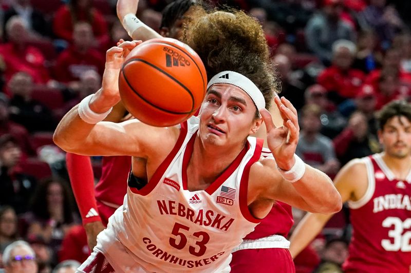 Jan 3, 2024; Lincoln, Nebraska, USA; Nebraska Cornhuskers forward Josiah Allick (53) reaches for the ball against the Indiana Hoosiers during the first half at Pinnacle Bank Arena. Mandatory Credit: Dylan Widger-USA TODAY Sports